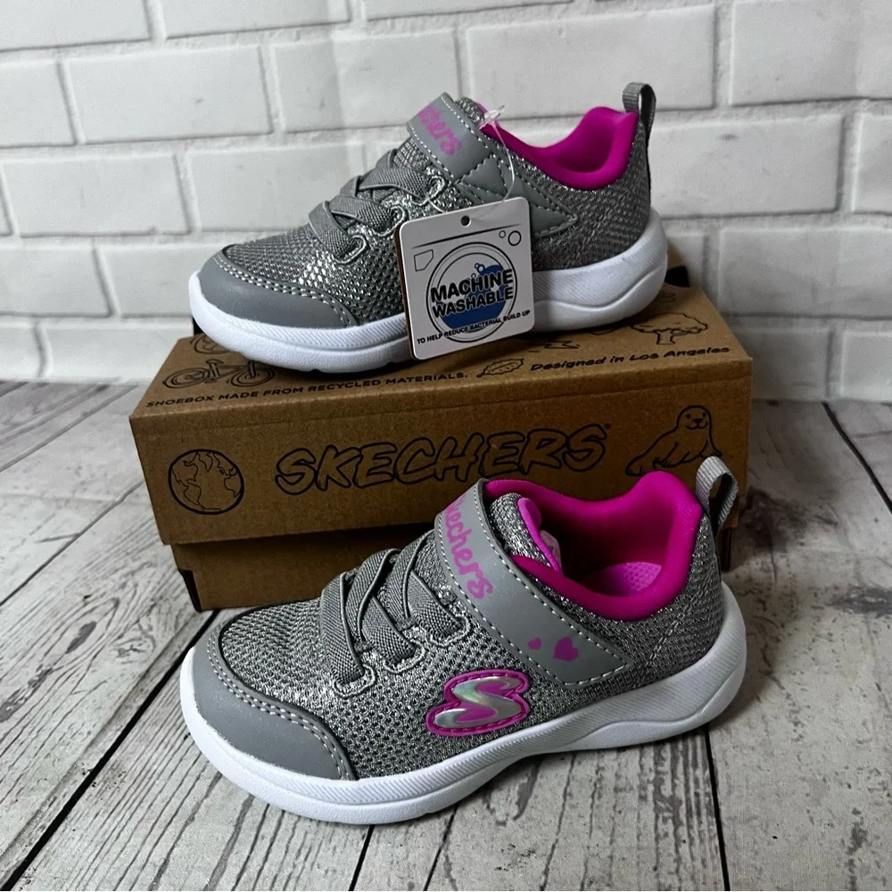 Girl Sz 7 Skechers Toddler Easy Peasy 302885N Gray Pink Silver Washable Sneaker